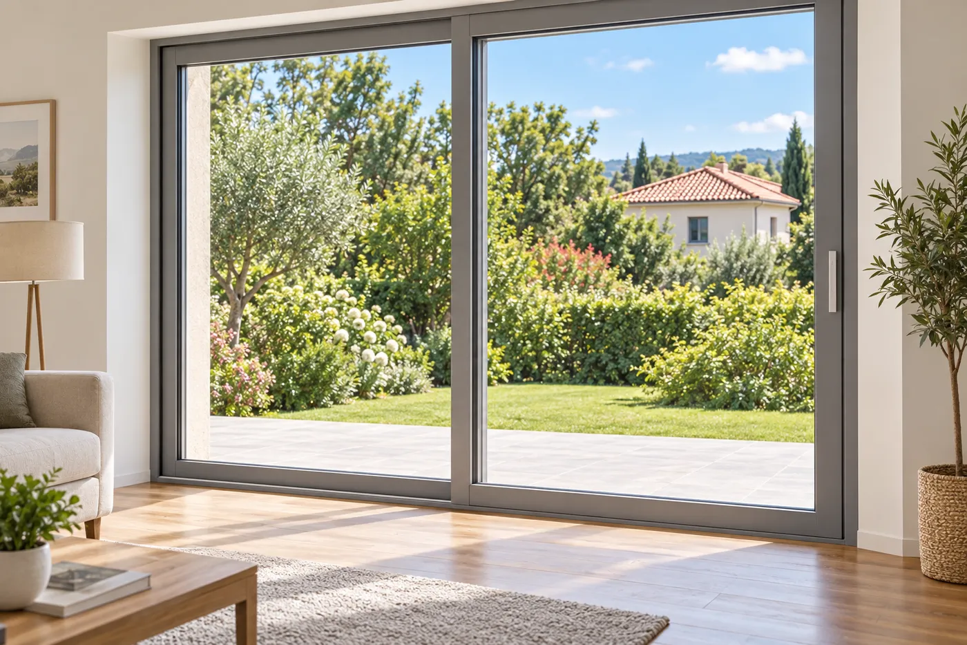 Baie coulissante aluminium après la pose d'un double vitrage neuf dans un pavillon